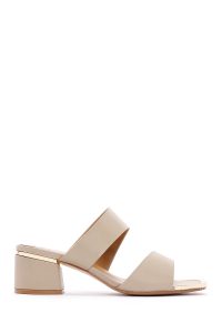 صندل زنانه بژ پاشنه‌ضخیم کوتاه دری مد