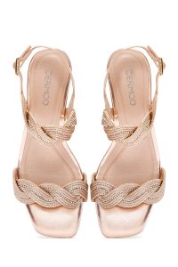 صندل زنانه صورتی بافت‌دار پاشنه کوتاه ضخیم دری مد