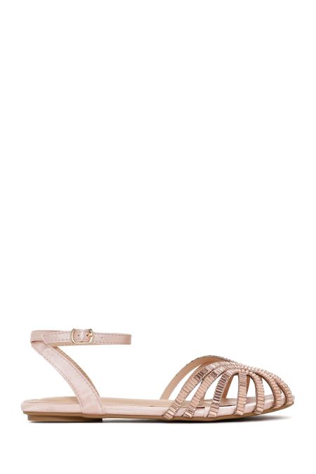 صندل زنانه صورتی بندی نگین‌دار دری مد