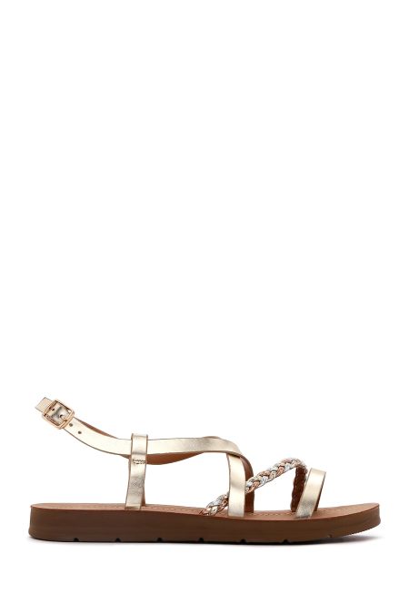 صندل زنانه طلایی بافت‌دار دری مد