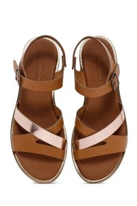 صندل زنانه قهوه‌ای روشن چرم بنددار دری مد