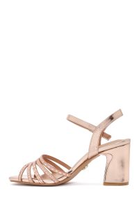 صندل زنانه متالیک صورتی بنددار با پاشنه ضخیم دری مد