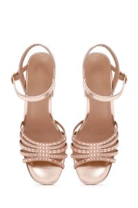 صندل زنانه متالیک صورتی بنددار با پاشنه ضخیم دری مد