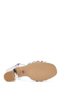 صندل زنانه متالیک نقره‌ای بنددار با پاشنه ضخیم دری مد