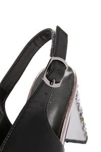 صندل زنانه مشکی بند پشت‌دار نگین‌دار پاشنه‌بلند ضخیم دری مد