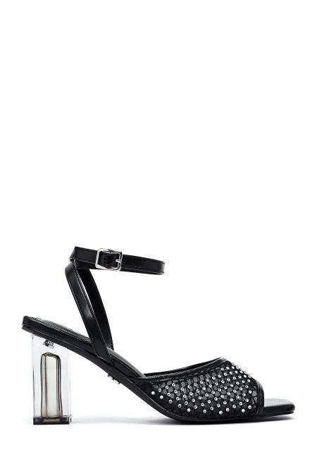 صندل زنانه مشکی نگین‌دار شفاف پاشنه‌ضخیم بنددار دری مد