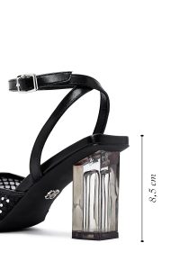 صندل زنانه مشکی نگین‌دار شفاف پاشنه‌ضخیم بنددار دری مد