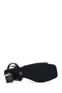 صندل زنانه مشکی نگین‌دار شفاف پاشنه‌ضخیم بنددار دری مد