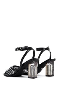 صندل زنانه مشکی نگین‌دار شفاف پاشنه‌ضخیم بنددار دری مد