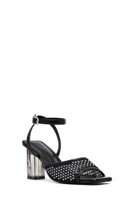 صندل زنانه مشکی نگین‌دار شفاف پاشنه‌ضخیم بنددار دری مد