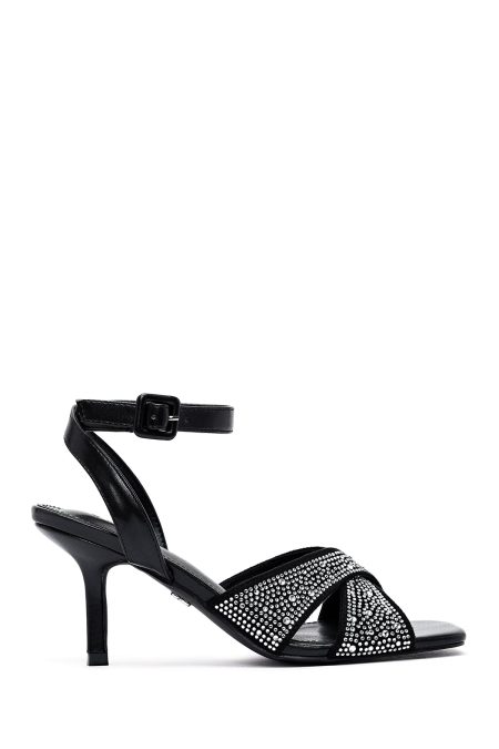 صندل زنانه مشکی نگین‌دار پاشنه‌نازک بنددار دری مد