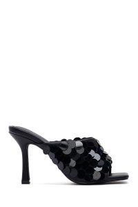 صندل زنانه مشکی پاشنه نازک پولکی دری مد