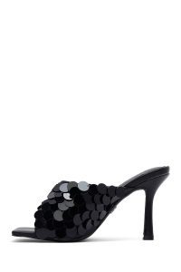 صندل زنانه مشکی پاشنه نازک پولکی دری مد