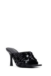 صندل زنانه مشکی پاشنه نازک پولکی دری مد