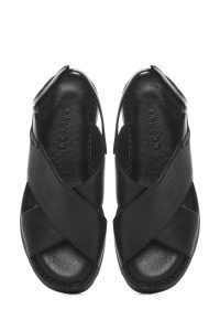 صندل زنانه مشکی چرم تخت بندی راحتی دری مد