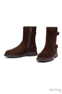 نیم بوت زنانه جیر قهوه‌ای زیپ‌دار دری مد