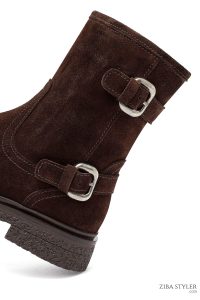 نیم بوت زنانه جیر قهوه‌ای زیپ‌دار دری مد