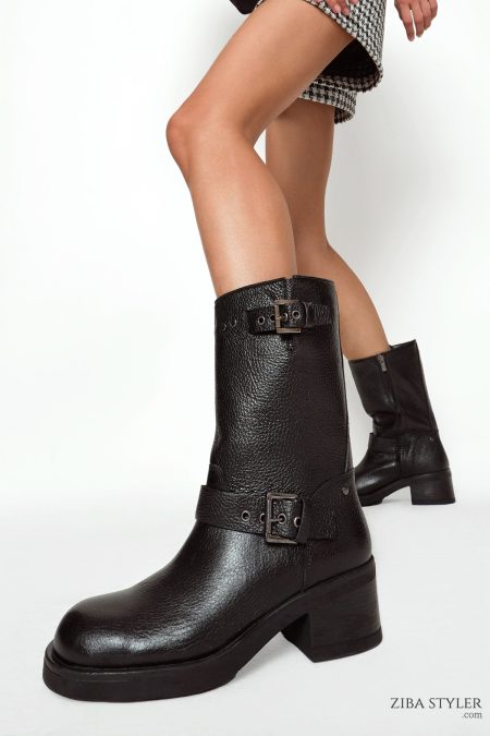 نیم بوت زنانه چرمی مشکی زیپ‌دار پاشنه‌کوتاه ضخیم دری مد