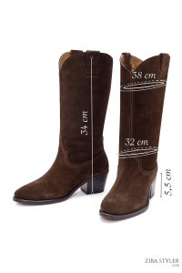 چکمه زنانه جیر قهوه‌ای کابوی پاشنه‌بلند ضخیم دری مد