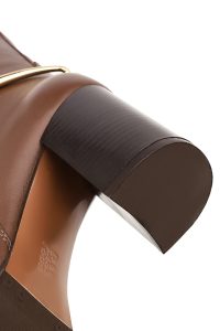 چکمه زنانه چرمی قهوه‌ای پاشنه پهن دری مد