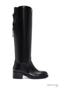 چکمه زنانه چرمی مشکی زیپ‌دار با جزئیات سگک دری مد