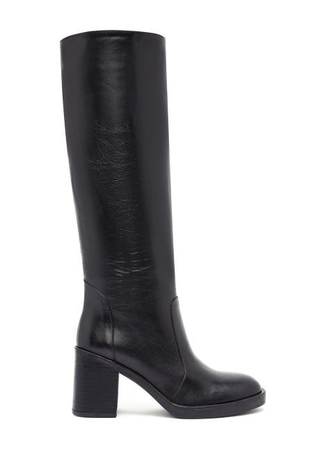 چکمه زنانه چرمی مشکی زیپ‌دار پاشنه پهن دری مد