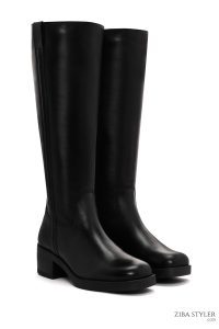 چکمه زنانه چرمی مشکی پاشنه‌کوتاه ضخیم زیپ‌دار دری مد