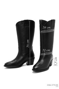 چکمه زنانه چرمی مشکی کابوی پاشنه‌بلند ضخیم دری مد