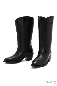 چکمه زنانه چرمی مشکی کابوی پاشنه‌بلند ضخیم دری مد