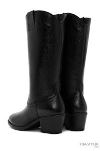 چکمه زنانه چرمی مشکی کابوی پاشنه‌بلند ضخیم دری مد