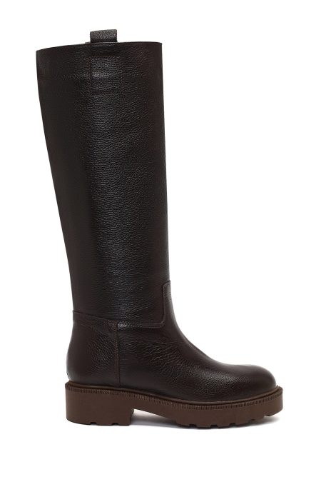 چکمه چرمی زنانه قهوه‌ای زیره ضخیم دری‌مد