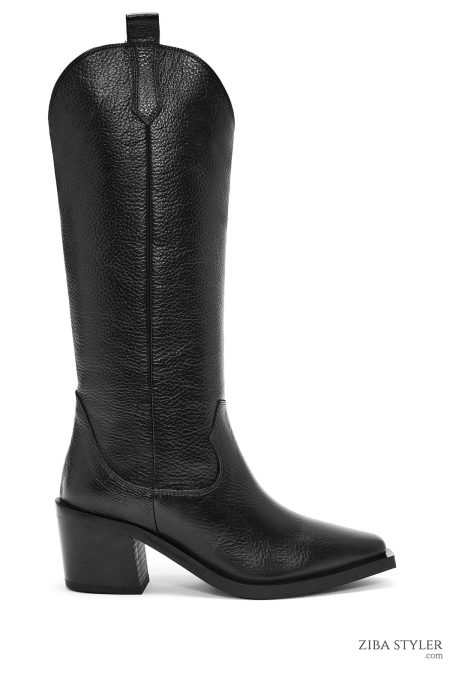 چکمه کابوی زنانه مشکی چرمی پاشنه‌دار دری مد