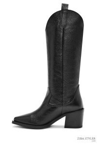 چکمه کابوی زنانه مشکی چرمی پاشنه‌دار دری مد