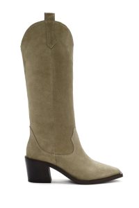 چکمه کابویی چرم جیر پاشنه ضخیم بژ زنانه دری مد