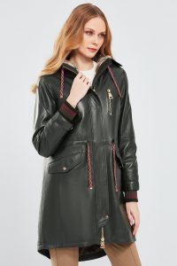 ژاکت چرمی خزدار زیتونی زنانه والنتینا دری مد