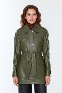 کاپشن چرم بلند خاکی زنانه آناستازیا دری مد