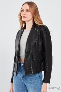 کاپشن چرم مشکی زنانه Reina دری مد