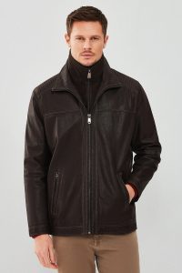 کاپشن چرم یقه دو یقه قهوه ای مردانه روبرتو دری مد