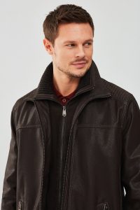 کاپشن چرم یقه دو یقه قهوه ای مردانه روبرتو دری مد