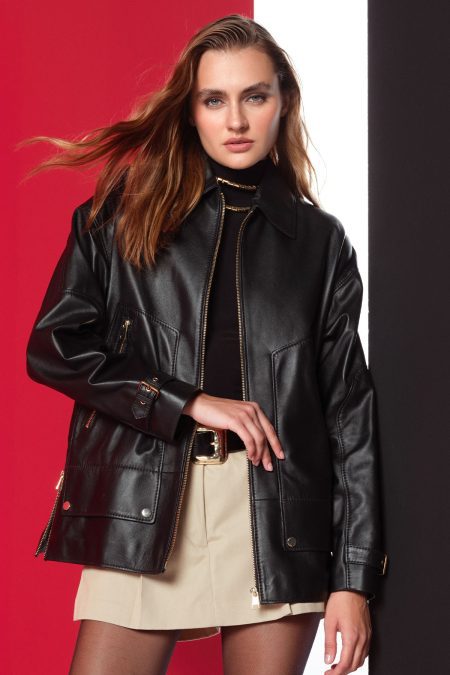 کاپشن چرمی زنانه مشکی اورسایز یقه پیراهنی Rosalin دری مد