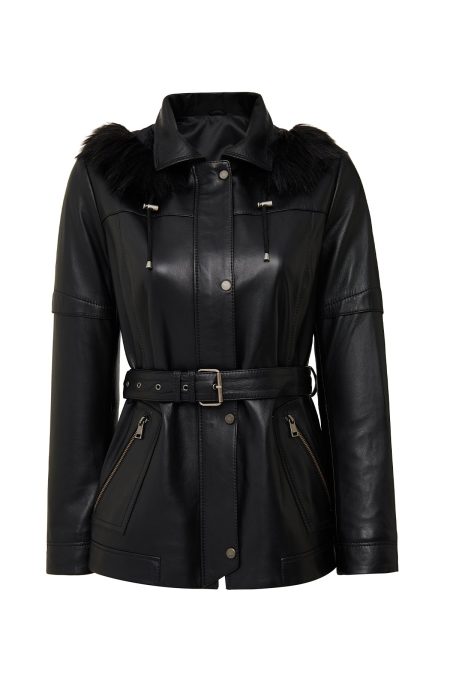 کاپشن چرمی زنانه مشکی کلاه‌دار یقه خزدار Hillary دری مد