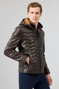 کاپشن چرمی مردانه قهوه‌ای کلاه‌دار Silva دری مد