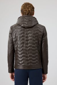 کاپشن چرمی مردانه قهوه‌ای کلاه‌دار Silva دری مد