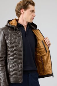 کاپشن چرمی مردانه قهوه‌ای کلاه‌دار Silva دری مد