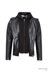 کاپشن چرمی مردانه مشکی کلاه‌دار موتورسواری Butler دری مد