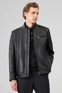 کاپشن چرمی مردانه مشکی یقه دیپلمات کوتاه Tony دری مد