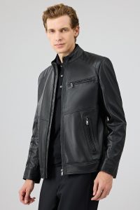 کاپشن چرمی مردانه مشکی یقه دیپلمات کوتاه Tony دری مد