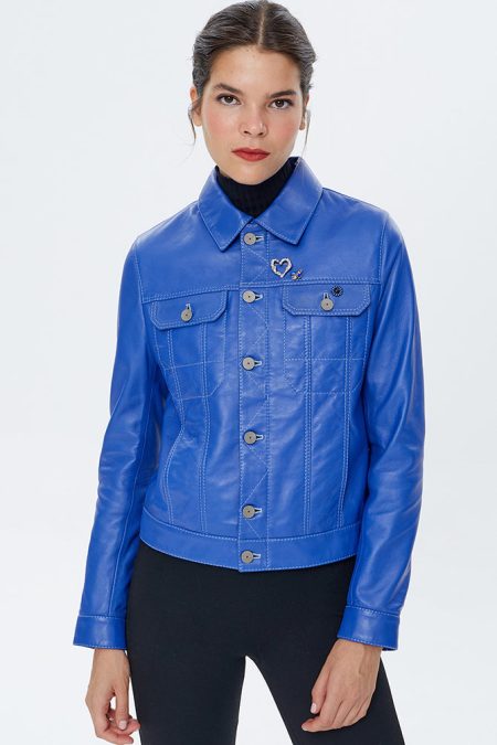 کت چرم آبی سرمه ای زنانه بوسه