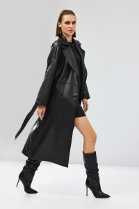 کت چرم بلند یقه دو سینه مشکی زنانه نیکول دری مد