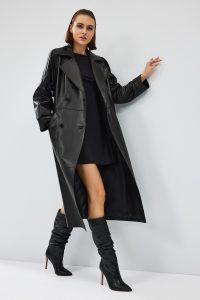 کت چرم بلند یقه دو سینه مشکی زنانه نیکول دری مد